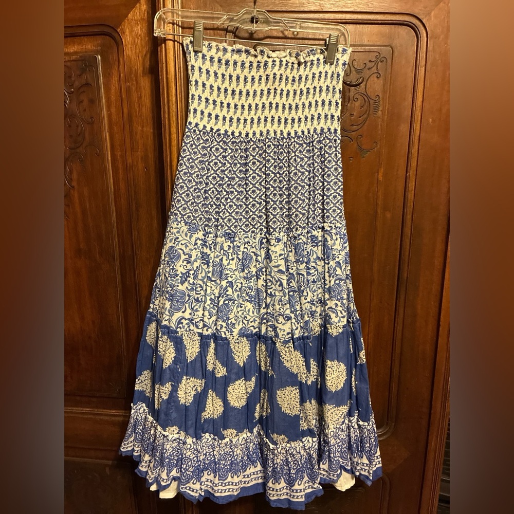 marks & spencer 100% cotton vintage white & blur strapless dress